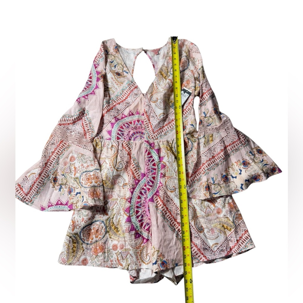 Guess 100% Linen Romper Women XL Paisley Flared Sleeves Designer Summer NWT $158 - Picture 3 of 12